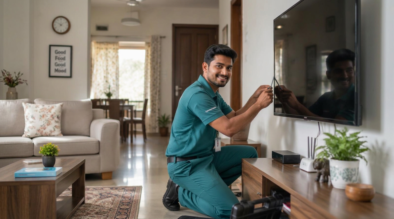 Cskinflux technician repairing a TV at a home in Boduppal